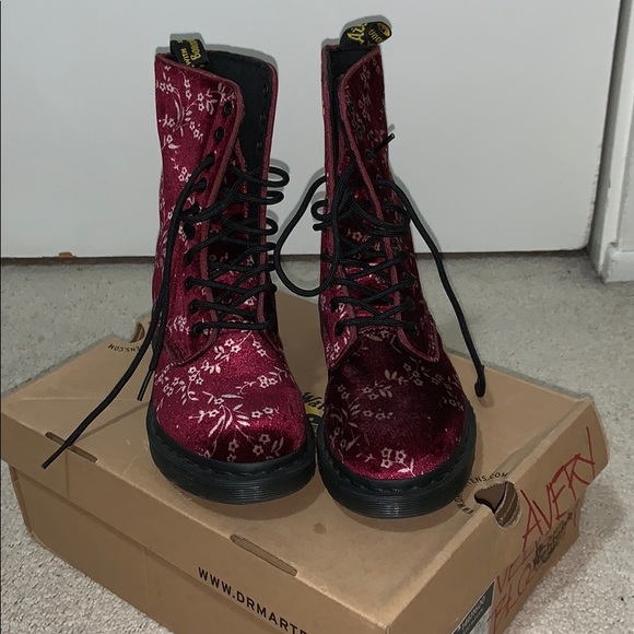 Dr Marten Avery Cherry Red Velvet Boots 